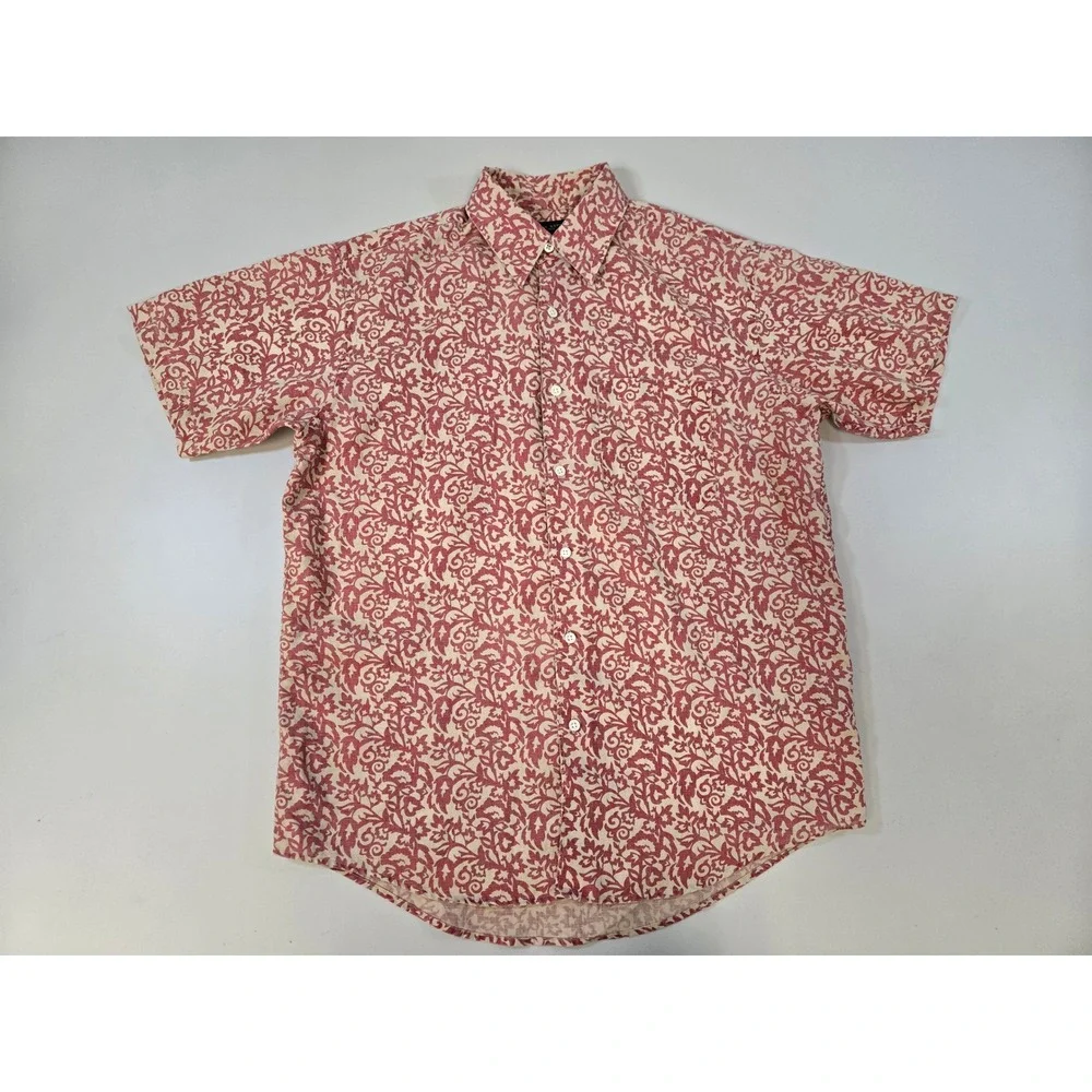Banana Republic Mens Small Red Cream Damask Scroll Print‎ 100% Linen SS Shirt
